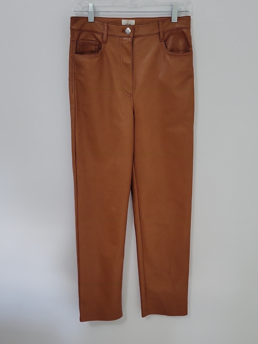 Wilfred Straight-Leg Faux Leather Pants in Cognac Brown, Size 6